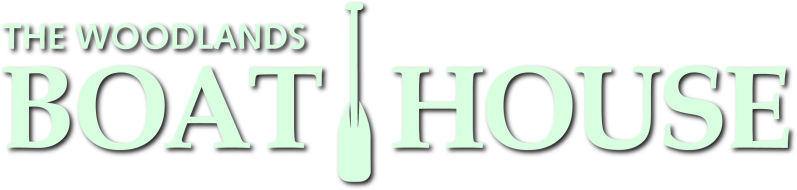 Logo with 'The Woodlands Boat House' and a paddle as the letter T.